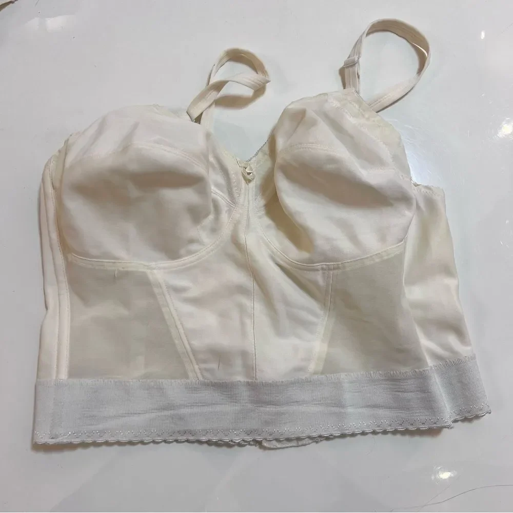 Vintage 1960s / 1970s Ivory Mesh Panel Long Line Soft Cup Bra Corset Bustier